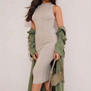 PrettyLittleThing Sleeveless Ribbed Midi Dress in Light Taupe